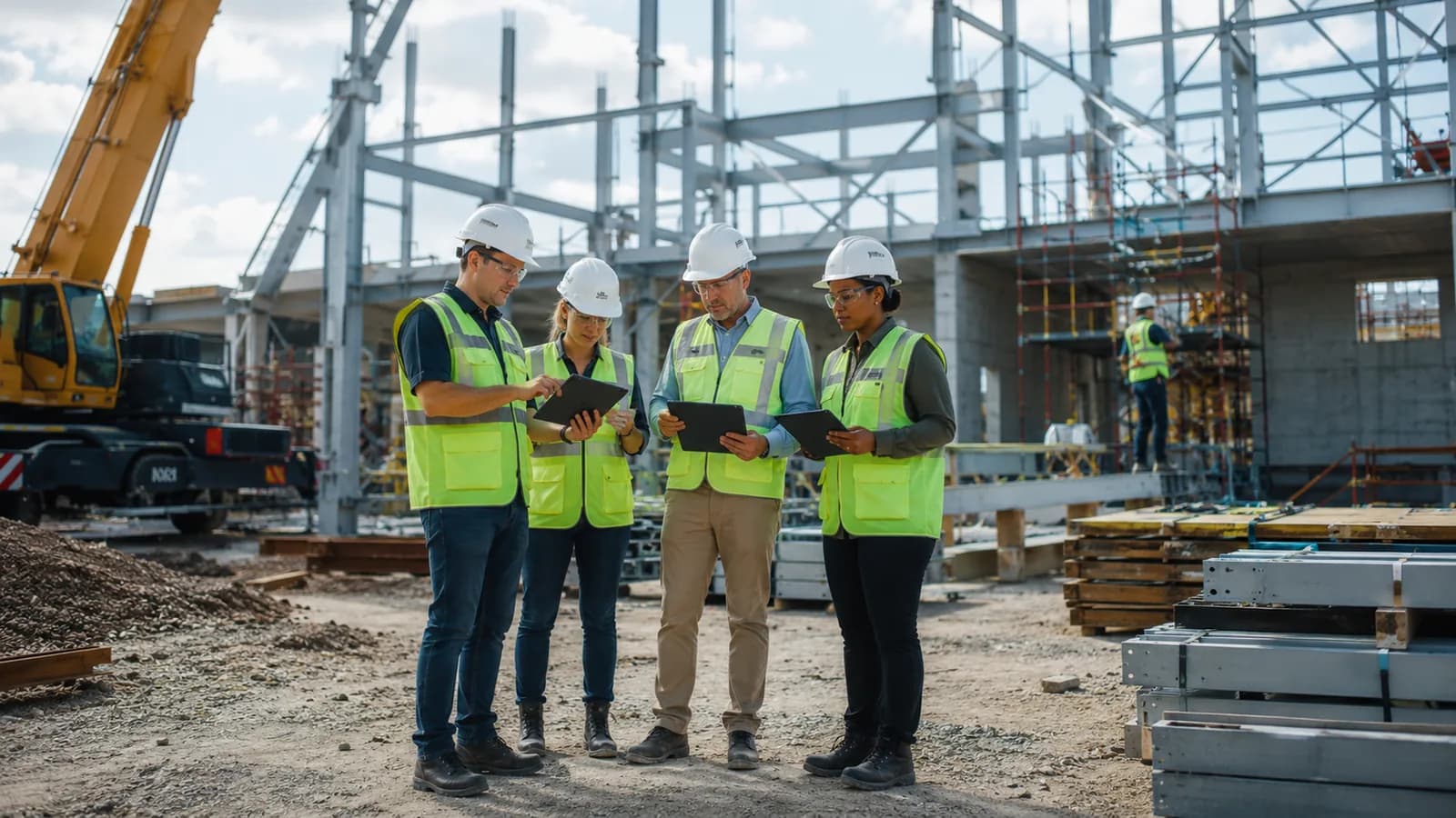 Team reviewing plans at a construction site