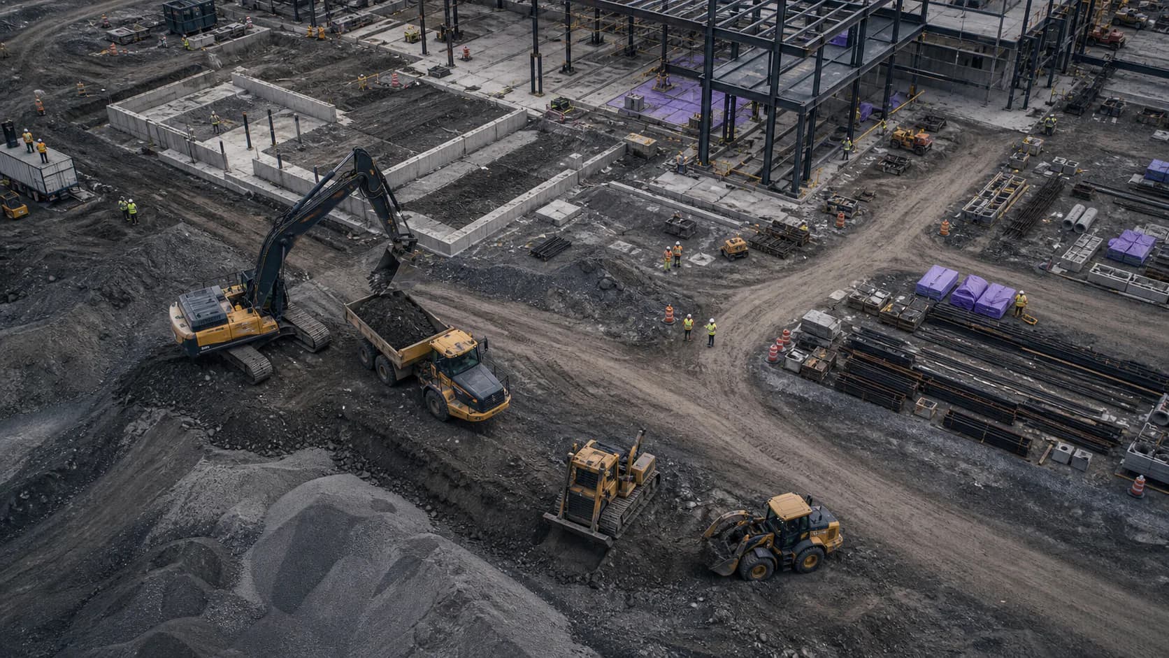 Aerial view of coordinated equipment and crews across a commercial construction site