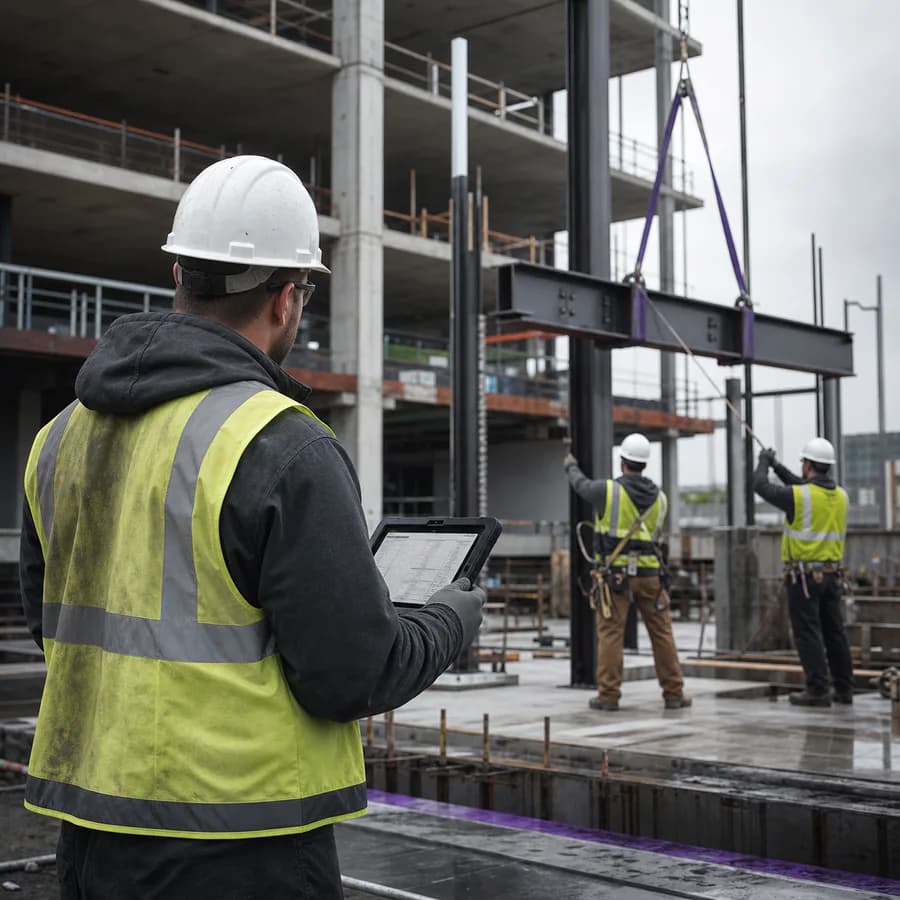 Field superintendent coordinating a steel installation with a rugged tablet