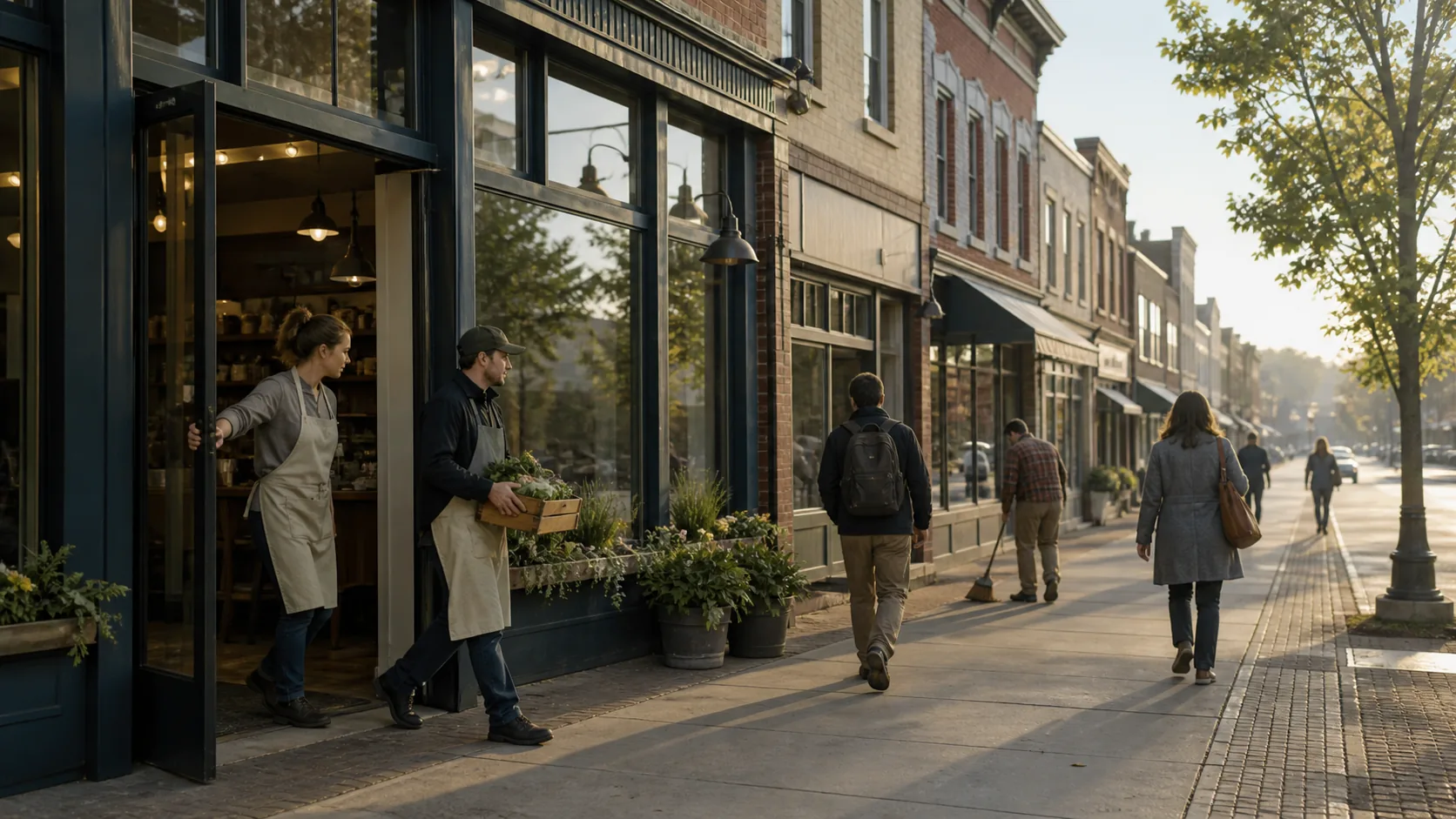 Employees opening a local business on an active town street