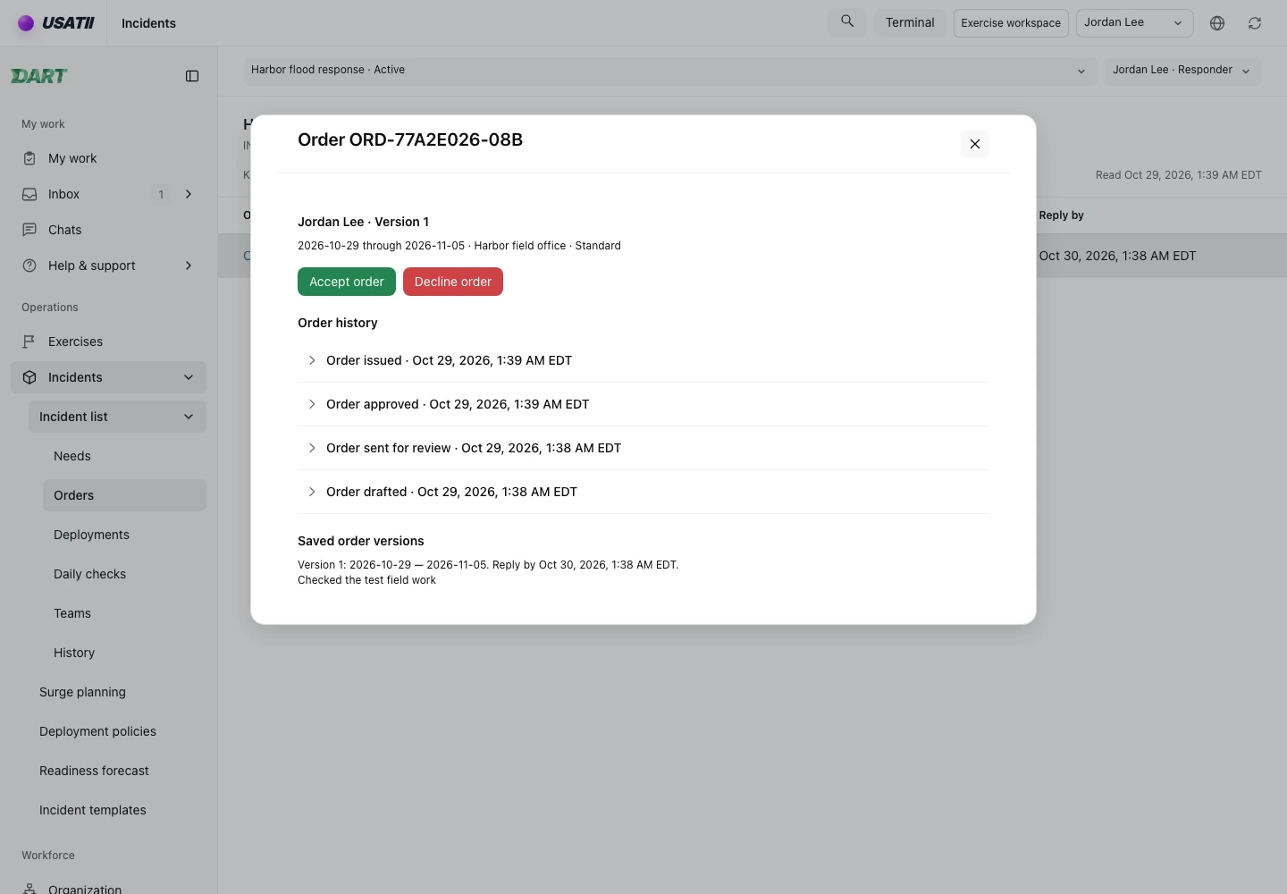 Jordan Lee sees the issued Harbor order with accept and decline actions.