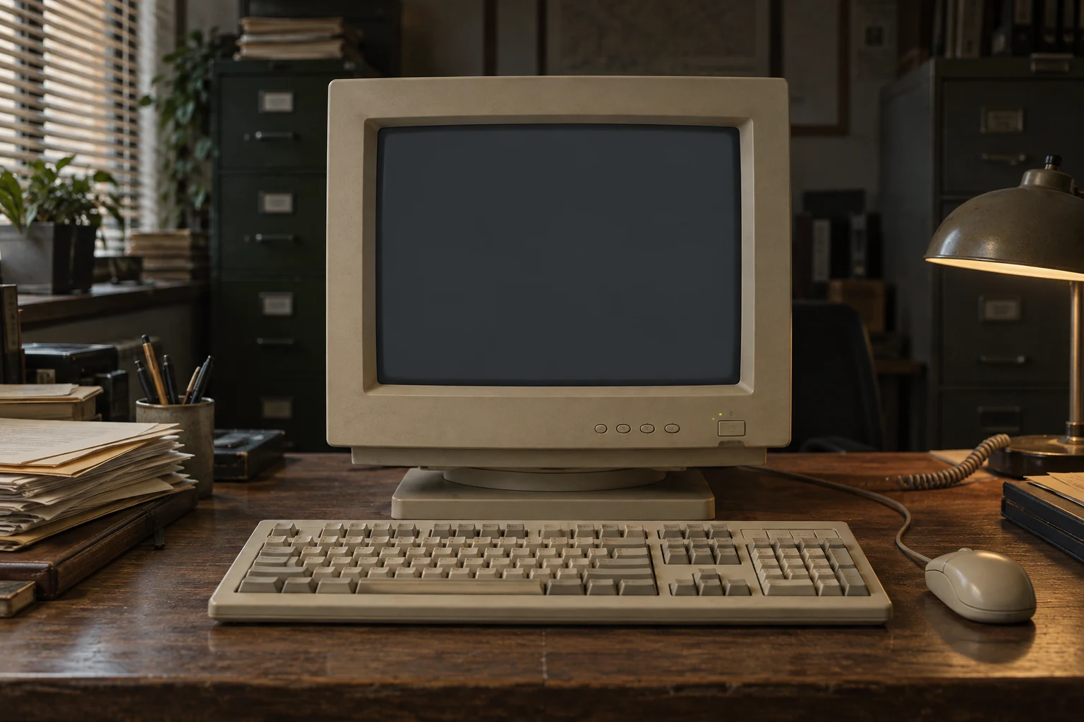 A beige 1990s CRT computer on a wooden office desk